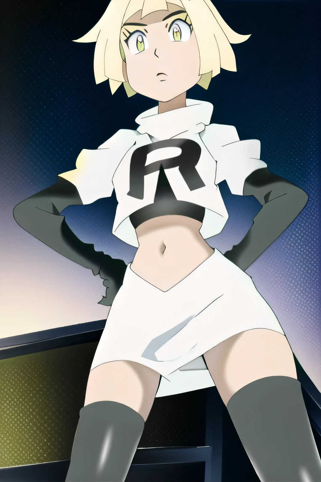 masterpiece,best quality,high res,high quality,Persona3Aigis,blond hair,blue eyes,8k, masterpiece,highres, team rocket uniform, red letter r, white skirt,white crop top,black thigh-high boots, black elbow gloves, glaring angrily, looking down at viewer, hands on hips, cowboy shot, zettai ryouiki,spread legs,from below, black panties,anime style, vivid colors, sharp focus, intense lighting,