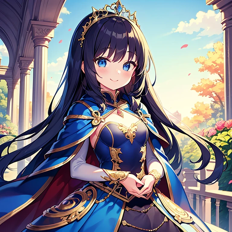 (kawaii),(best quality),(ultra detailed), upper body,(rococo style),(long train deep blue cape:1.15), very long cape,(long train deep blue ball gown with flower decorations:1.05), a girl is wearing a cape over her gown, 1 little princess, tiara, smile, very long hair, small breasts
