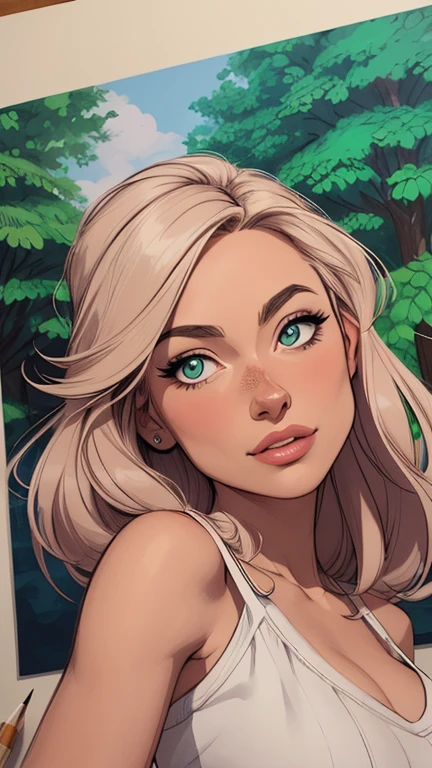 Personagem feminina Olivia Wilde em Imagem de desenho animado de uma mulher .Ilustra??o estilo desenho animado, estilo de arte dos desenhos animados, estilo de arte dos desenhos animados, digital illustration style, design de personagens altamente detalhado, arte digital detalhada coragem, Forest fan art, Design de personagens de retrato, beautiful digital illustration, retrato de alta qualidade, Arte em quadrinhos, mulher jovem cabelo com transas lindas . Beautiful lined eyes Medium large bust and wonderful sexy clothes. image expression of sexual desire from the waist to the illustration