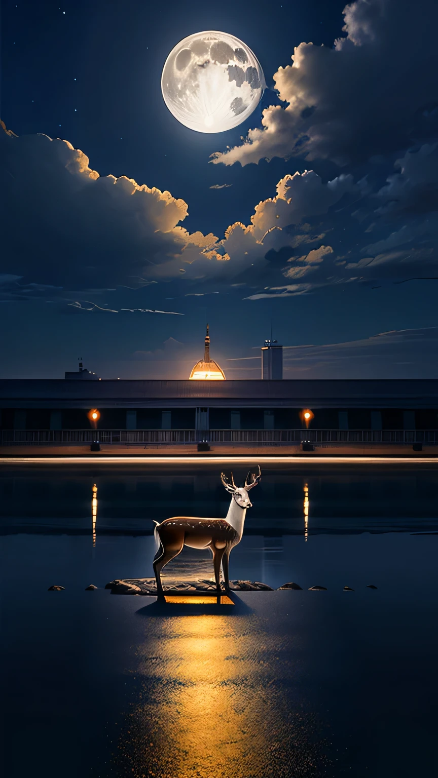 octane, No humans, moon, Sky, night, full moon, cloud,sika deer, outdoor, landscape, night Sky, water, watercraft, cloudy Sky, architecture, , animal.tram