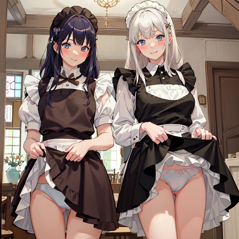 highest quality、masterpiece、((2 girls))、((smile:1.3))、(blush:1.3)、Black Shirt、blouse、((fun!!))、(Small breasts)、()、Blonde、()、((White apron:1.5))、((Maid))、((hair ornaments)),、Kamimei、look at me、 ((in house:1.5))、 Taking a break from watching the audience、Cowboy Shot、(Skirt lift:1.3),(Highly detailed white panties:1.3)、(Highly detailed panties:1.3)、、(スカート that rolls up:1.3)、(Panties fully exposed:1.5)、Light blue eyes、long hair、