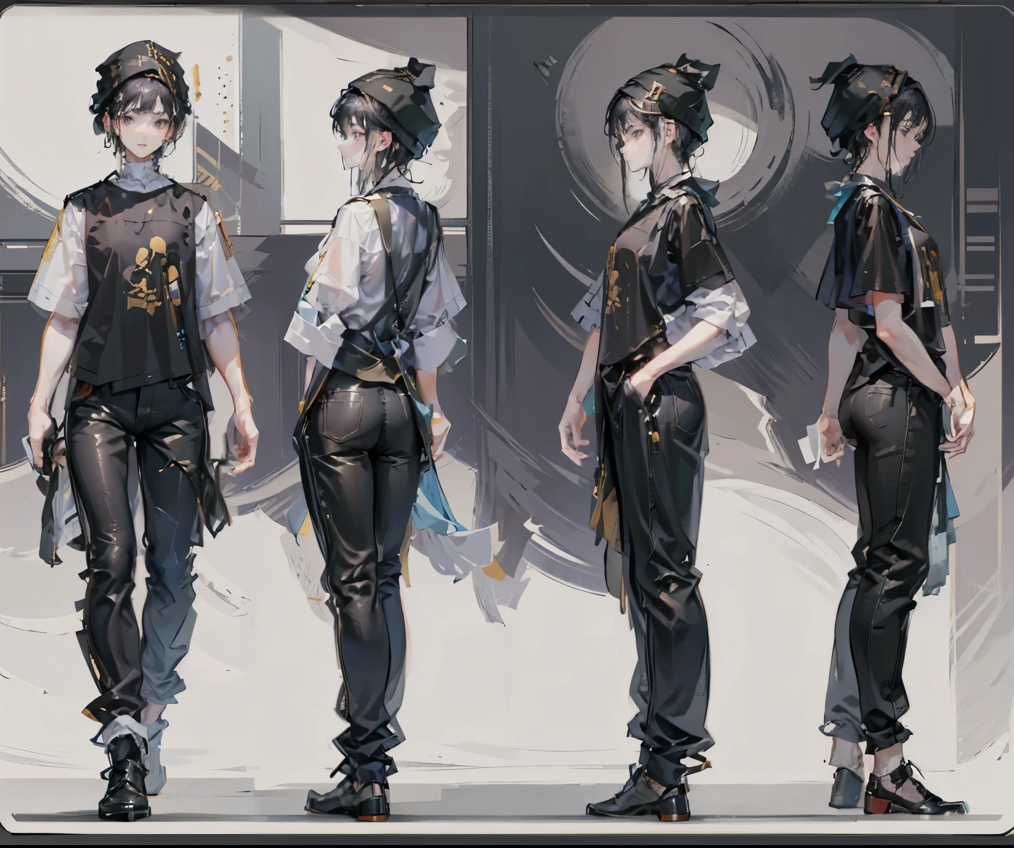 ((character sheet)) 1 boy, best quality, Cool looking teen age boy, Character sheet,T- pose , beautiful eyes , detailed face , wearing t-shirt, different angles, different poses, different head poses, forward, backward, simple background, Boy student，Light-colored clothes，short detailed hair，Black color hair，The shirt，full body, Adult male、((Adult 21 years old))、((Adult older brother)), Black short hair, character references, black eyes, black big shirt, black baggy shorts, white shoes, male, Full body, Character design , reference sheet, dynamic poses, detail face, ((Best Quality)), ((Masterpiece)), ((Realistic)) 19 year old, boy, wavy, relaxed happy face ((slender)), (((detailed character sheet, frontal view, side view, three quarter view, full body view))) white background, ((beanie hat)),
