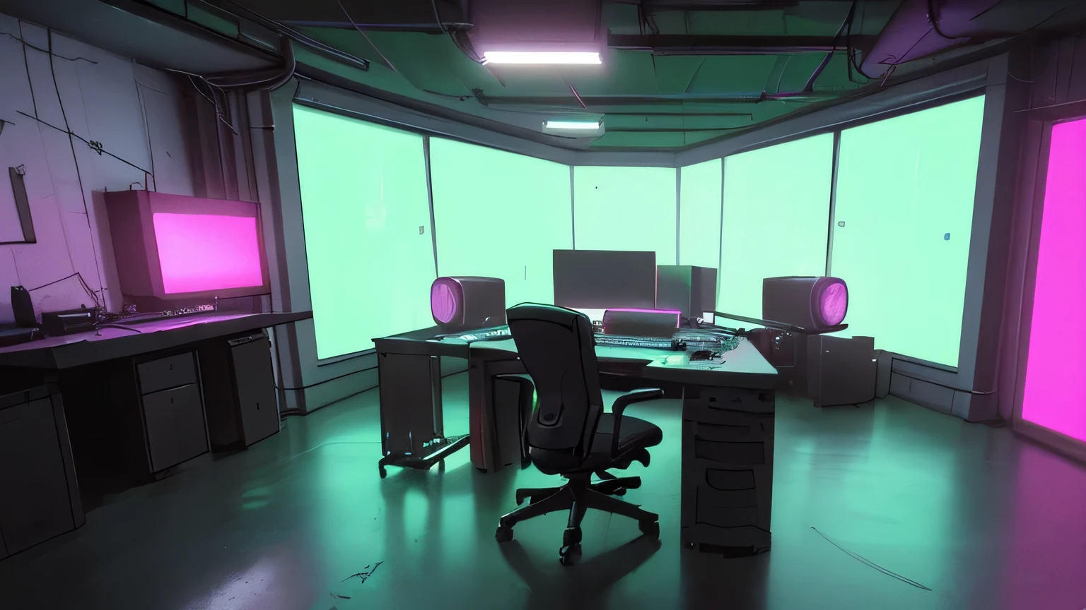 Realistic neon studio setup in the room,The room should have windows,Cyberpunk Background,Front view,There is also a desk.