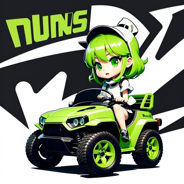 Children's line drawing cartoon, Black and White, No color, No Shadow, Interesting Car, Vector art, White color background、gun、girl、Green clothes、Green car、Green Hair