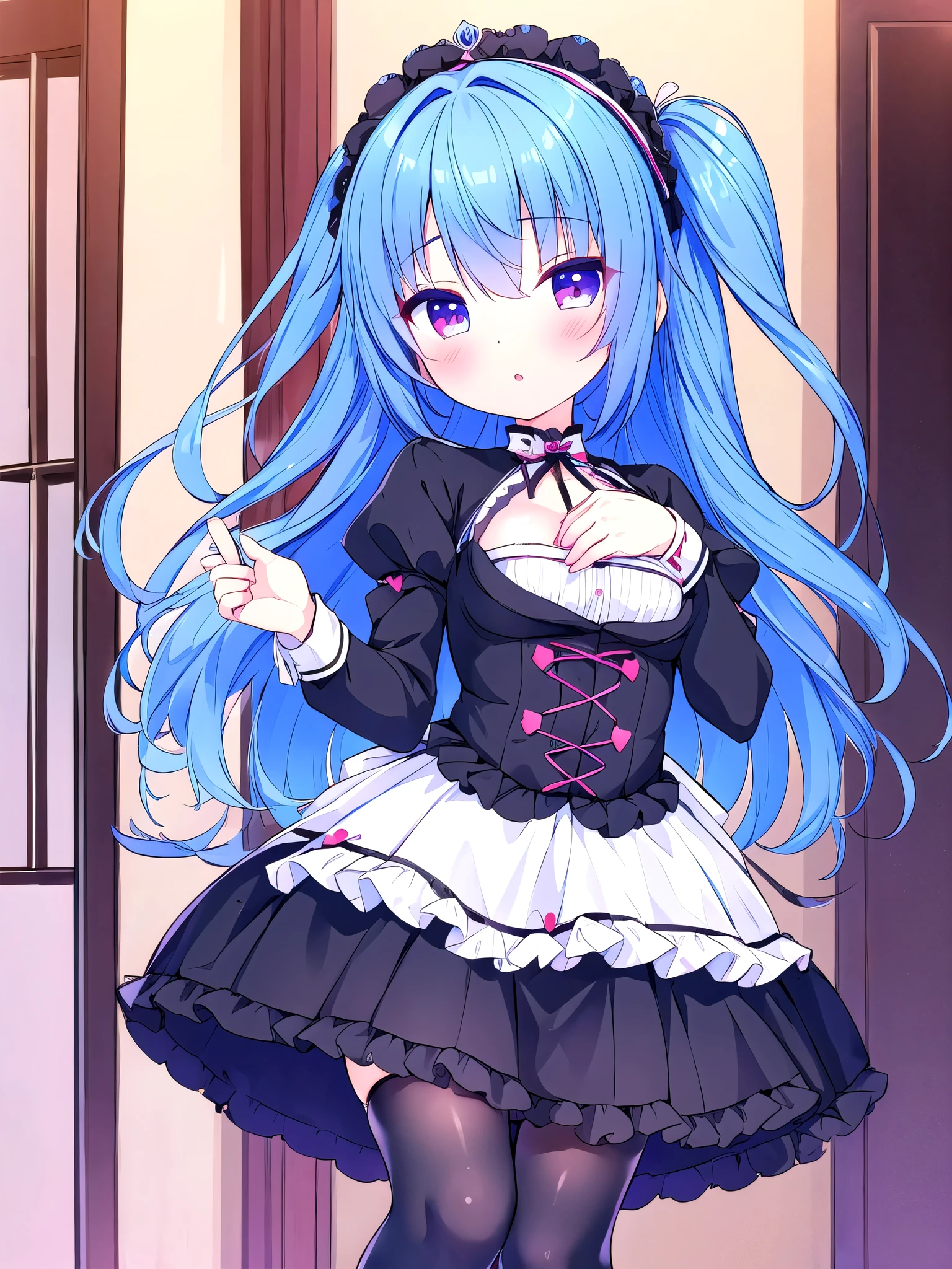 Girl in black white gothic ta with stockings blue hair red eyes Short skirt with small breasts show pink In room Great quality 2k masterpiece