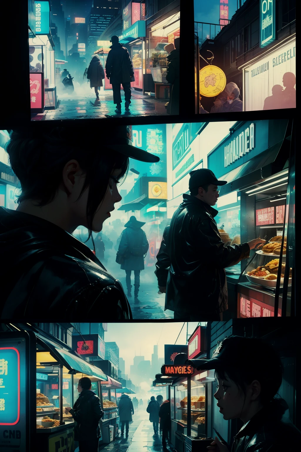 ((highest quality)), ((masterpiece)), (be familiar with), (High definition), (Accurate), (Realistic), (Cinematic), (Best Shadow), (Low contrast), (8K), Perfect Face, ((SYD MEAD style)), manga、mangaデザイン、Storyboard、Frame division、((1. A girl is eating udon))、(Replicant), ((Black Hair, very short hair, Blue Eyes)), (Black hooded raincoat)、((Udonya food stall))、Glittering neon signs、congestion, congestion, Decadent Future City, NEO TOKYO, A.D.2051, (steam:1.2), It's raining white, evening, (Close-up of face)
