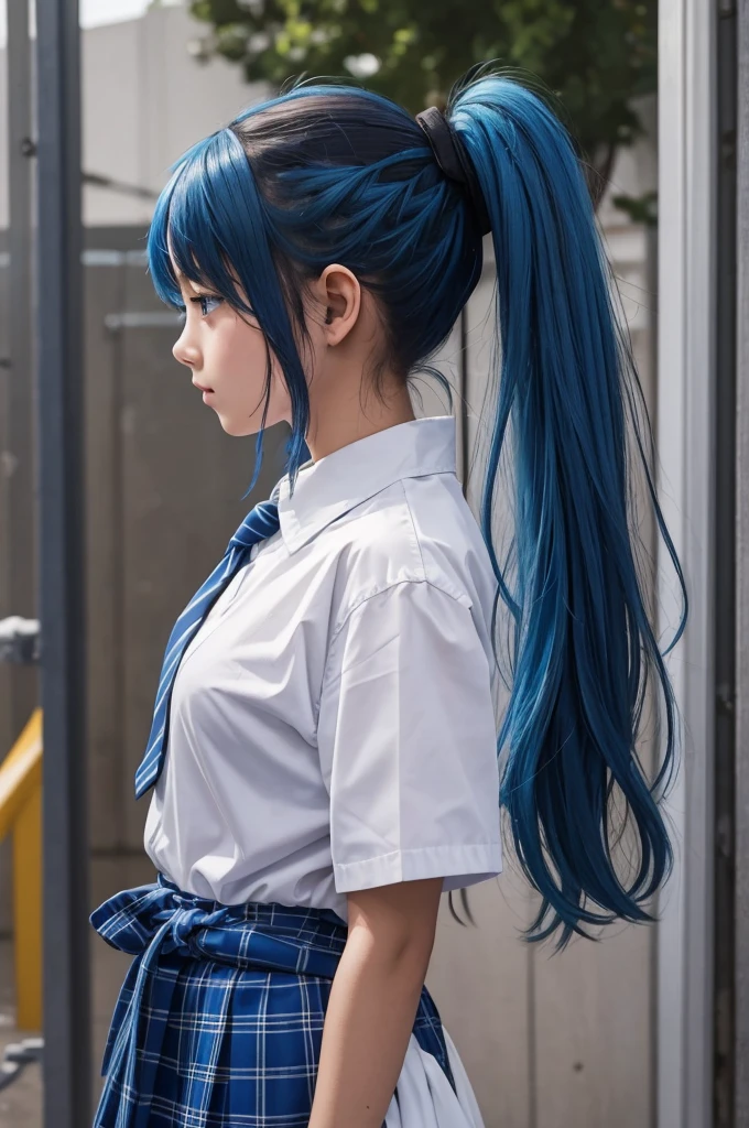 (Be clear about the content) [(masterpiece: 1.1, best quality: 1.1), Shy schoolgirl wearing show off, emphasize, , purely, Slightly 0.8.Blue Hair, wet,