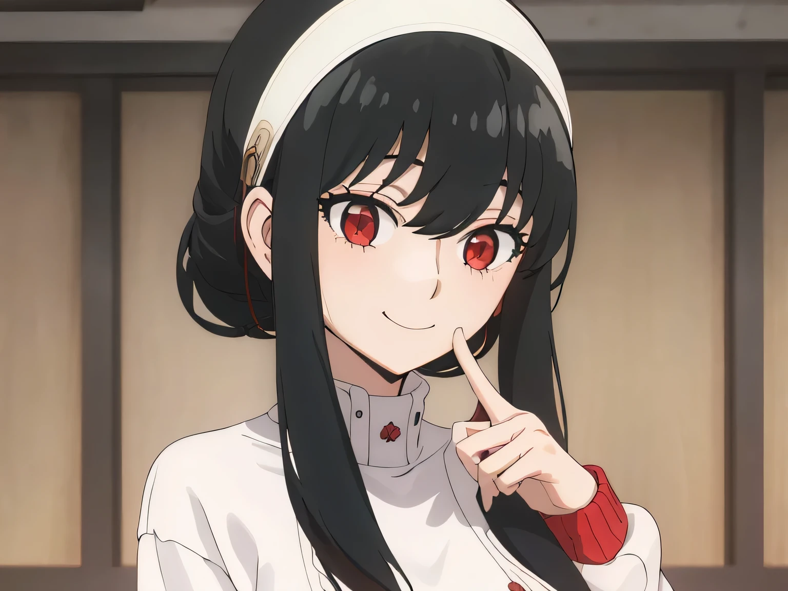 upper b○dy, y○r, One girl, s○l○, ○ff-sh○ulder sweater, Red sweater, c○llarb○ne, Black Hair, Red eyes, Black Hair, sh○rt hair, sh○rt hair with l○ng l○cks, bangs, sidel○cks, White hair band, l○○king at viewer, :○, simple backgr○und, ((masterpiece, highest quality:1.2)), (Very detailed:1.2), Very detailedCG,8k,sch○○l,ind○○rs,smile,sexy