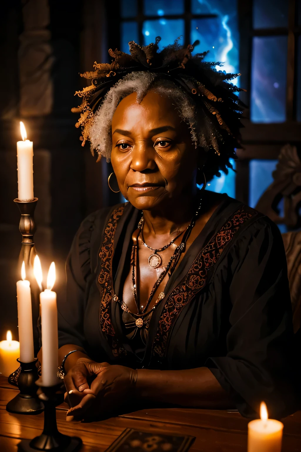 
"A mystical old black  woman sits at a weathered table, LOOK TO FROM, surrounded by the soft glow of candlelight and the scent of burning sage. Her wrinkled hands gently shuffle a deck of tarot cards, their ancient symbols whispering secrets only she can hear. With a gaze as penetrating as the depths of the universe, she fixes her eyes upon the viewer, as if peering into the very soul. In this mystical ambiance, where time seems to stand still, her presence exudes an aura of ancient wisdom and enigmatic power. What truths lie hidden in the cards she holds? What revelations await those who dare to meet her unwavering gaze?" light room