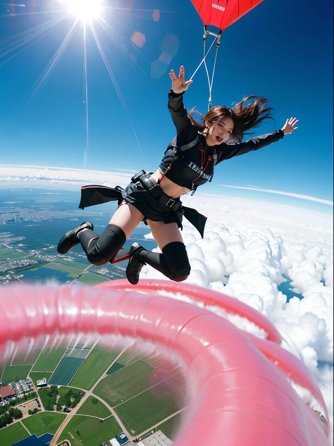 Jump skydiving on the plane with sticking tongue, black pink Lisa parachuting with long hair flying in a mess, black police uniform, harness, flowing pink miniskirt, in a panoramic view, anatomically correct, above knee portrait photo, very realistic, material reflective and dispersive. Dispersion of light and sunlight, and clouds high detail, high quality