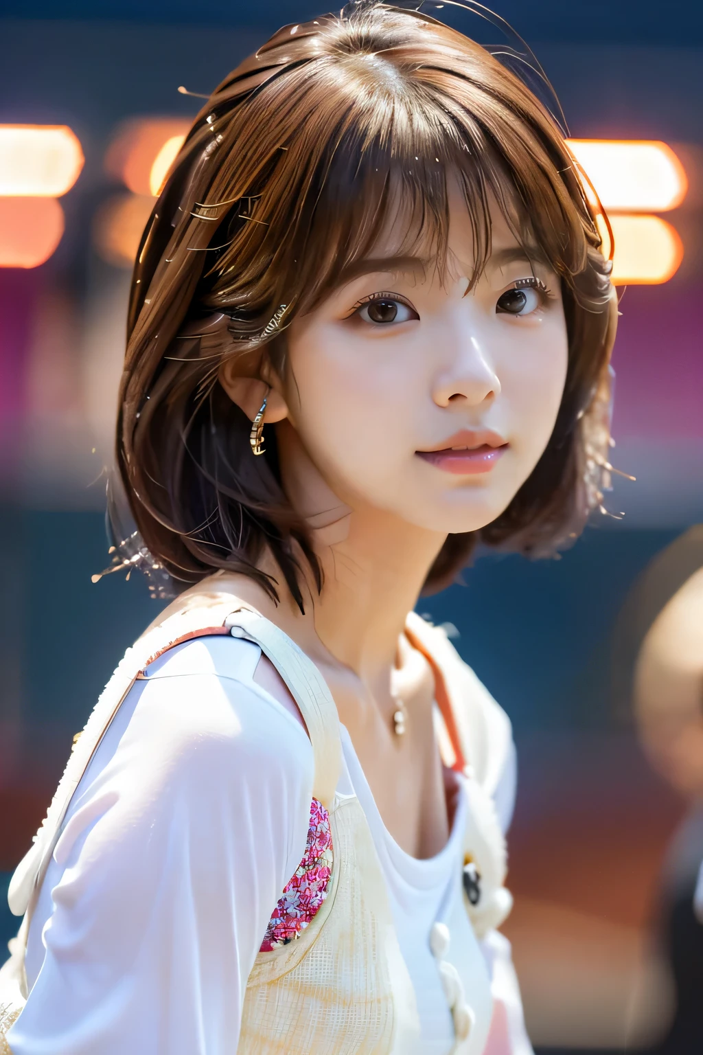 highest quality, Photorealistic, Very detailed, finely, High resolution, 8K Wallpaper, Professional, High level of detail, ((18 year old idol girl:1.5)), Slender Japanese women,cute lips, (Long eyelashes:1.2)、Detailed clavicle, Mid-chest、Perfect Face, (Cute short bob hair:1.5), Chestnut Hair、Cute face、(Idols standing on stage at a concert venue:1.5)、perfect body style、((In the spotlight at the venue:1.2))、(Complete head-to-toe coverage:1.5)、