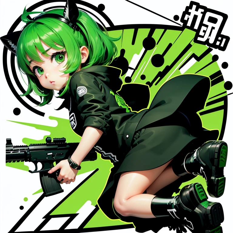 Children&#39;s line drawing cartoon, Black and White, No color, No Shadow, Interesting Car, Vector art, White color background、gun、拳gun、rifle、Machine gun、girl、Green clothes、Green car、Green Hair