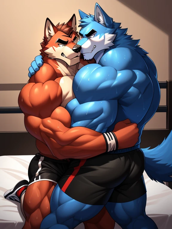 Duo big male fighters(Blue Wolf vs Red Wolf, handsomes, Thick eyebrows), beso gay((Cuddling embraced from behind in a bed match)(cuddling body frottage)), hot(Full body, shirtless), handsomes(They are handsomes, correct anatomy), musculosos(Big muscle bodies, Six packs, muscle abs, big pecs, muscle legs, muscle backs), sweaty(very sweaty wet bodies), tatuajes(they have tattoos), Angry(They have an angry expression), Boxing gloves(They both are wearing boxing gloves), boxers(They are wearing black shorts boxers), Hight resolution
