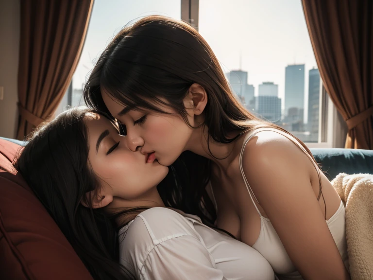 peeking perspective, 2 intimated young ladies, 25 years old, kissing soulfully, cuddling on sofa