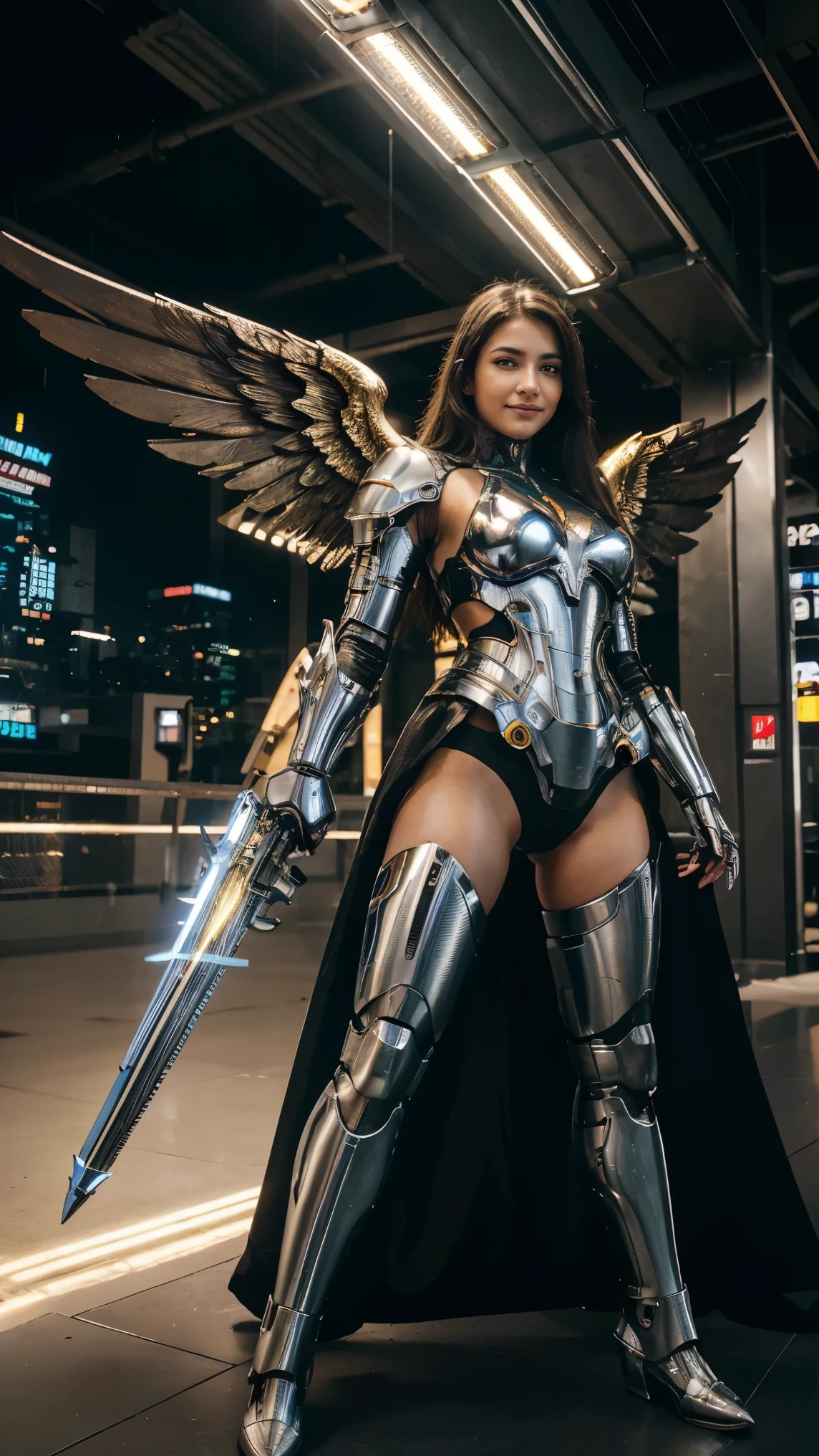 masterpiece,(bestquality),highlydetailed,ultra-detailed,1girl,(mechanicalwings:golden,glowingeyes:blue,goldenrarmor:1.2,elongatedears:0.8),(cyberpunkcity:1.5,weapon:energyblade),(fantasylandscape:1.2,natural lighting:1.5,confidentexpression),(panorama:1.2),mecha, smile,angle,Angels, wings,chrome,raw