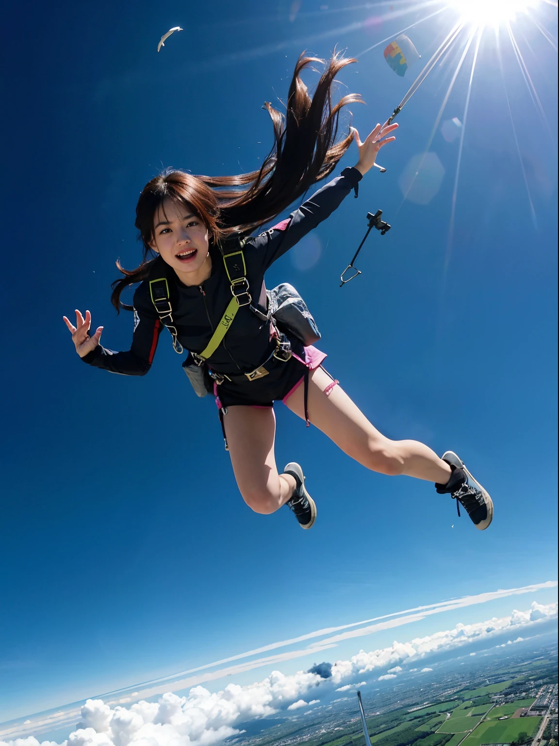 Jump skydiving on the plane with sticking tongue, black pink Lisa parachuting with long hair flying in a mess, black police uniform, harness, flowing pink miniskirt, in a panoramic view, anatomically correct, above knee portrait photo, very realistic, material reflective and dispersive. Dispersion of light and sunlight, and clouds high detail, high quality