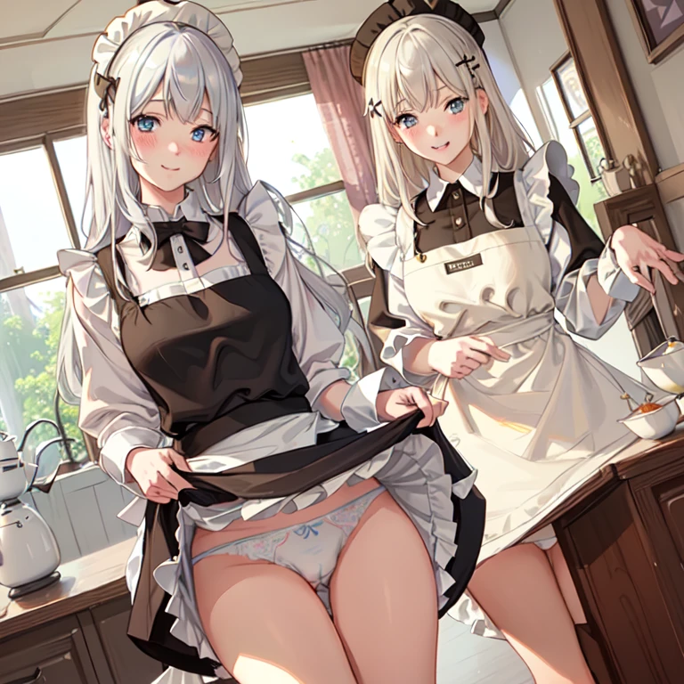 highest quality、masterpiece、((2 girls))、((smile:1.3))、(blush:1.3)、Black Shirt、blouse、((fun!!))、(Small )、()、Blonde、()、((White apron:1.5))、((Maid))、((hair ornaments)),、Kamimei、look at me、 ((in house:1.5))、 Taking a break from watching the audience、Cowboy Shot、(Skirt lift:1.3),(Highly detailed white pantiesHighly detailed panties:1.3)、、hat rolls up:1.3)、(Panties fully exposedight blue eyes、long hair、