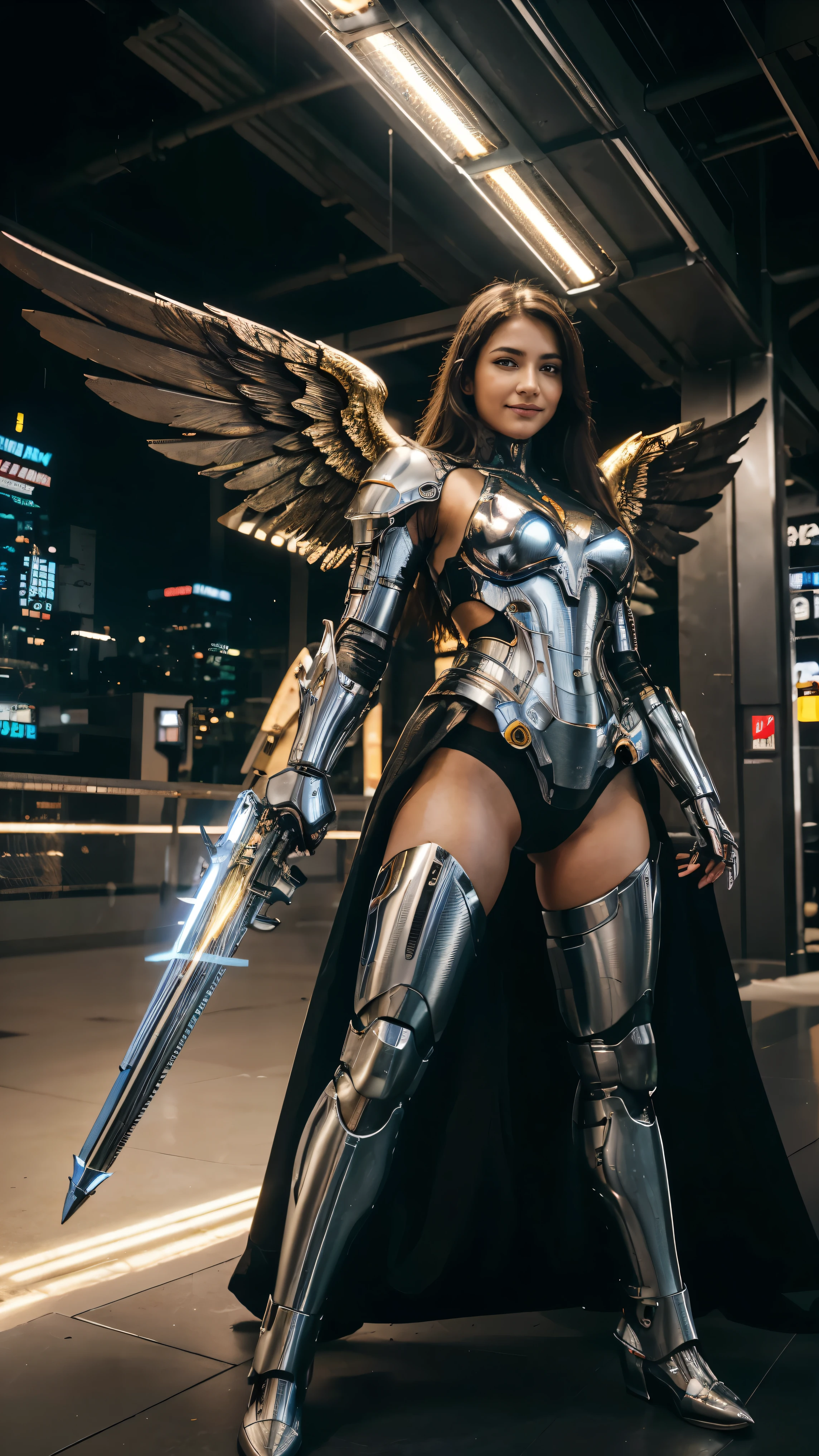 masterpiece,(bestquality),highlydetailed,ultra-detailed,1girl,(mechanicalwings:golden,glowingeyes:blue,goldenrarmor:1.2,elongatedears:0.8),(cyberpunkcity:1.5,weapon:energyblade),(fantasylandscape:1.2,natural lighting:1.5,confidentexpression),(panorama:1.2),mecha, smile,angle,Angels, wings,chrome,raw