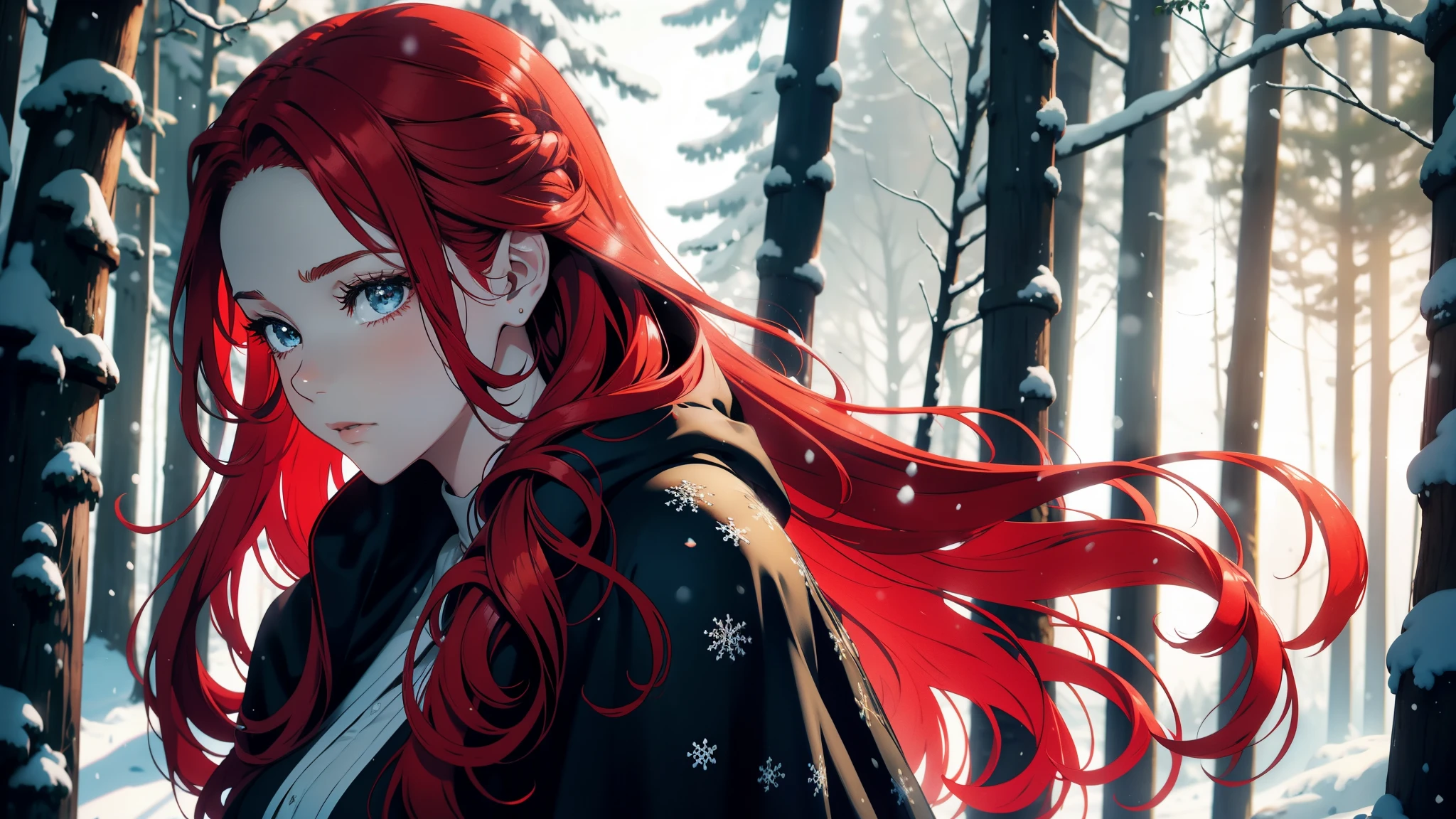 A tributary woman with red hair and a cloak in a snowy forest, Goddess of red hair, Beautiful red-haired woman, Red-haired woman, Winter goddess, Fictional woman, Carol behind UHD, Portrait of a beautiful woman, With curly red hair, Red-haired woman, Beautiful beautiful woman, With long red hair, Blue and red tones, Winter Queen, amazing beauty