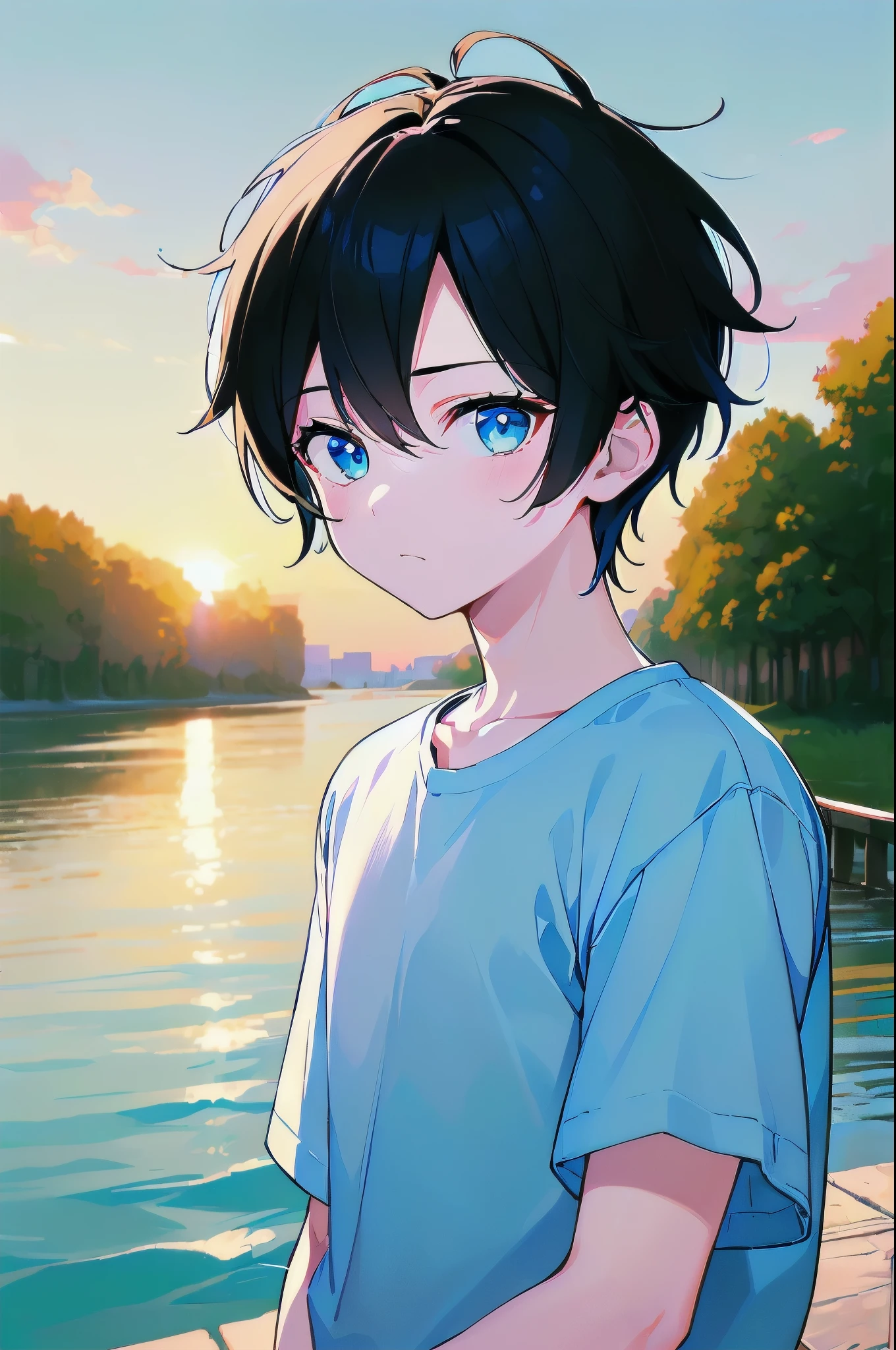 [(SEA BACKGROUND:1.5),::5], ((((masterpiece)))), high quality, very_high_resolution, large_filesize, full color, ((younger boy)), 13 old year, short Black hair, innerColorhair Blue, vivid color, ((Blue eye)), civilian clothes white, animestyle, (SUNSET SKY), upper body