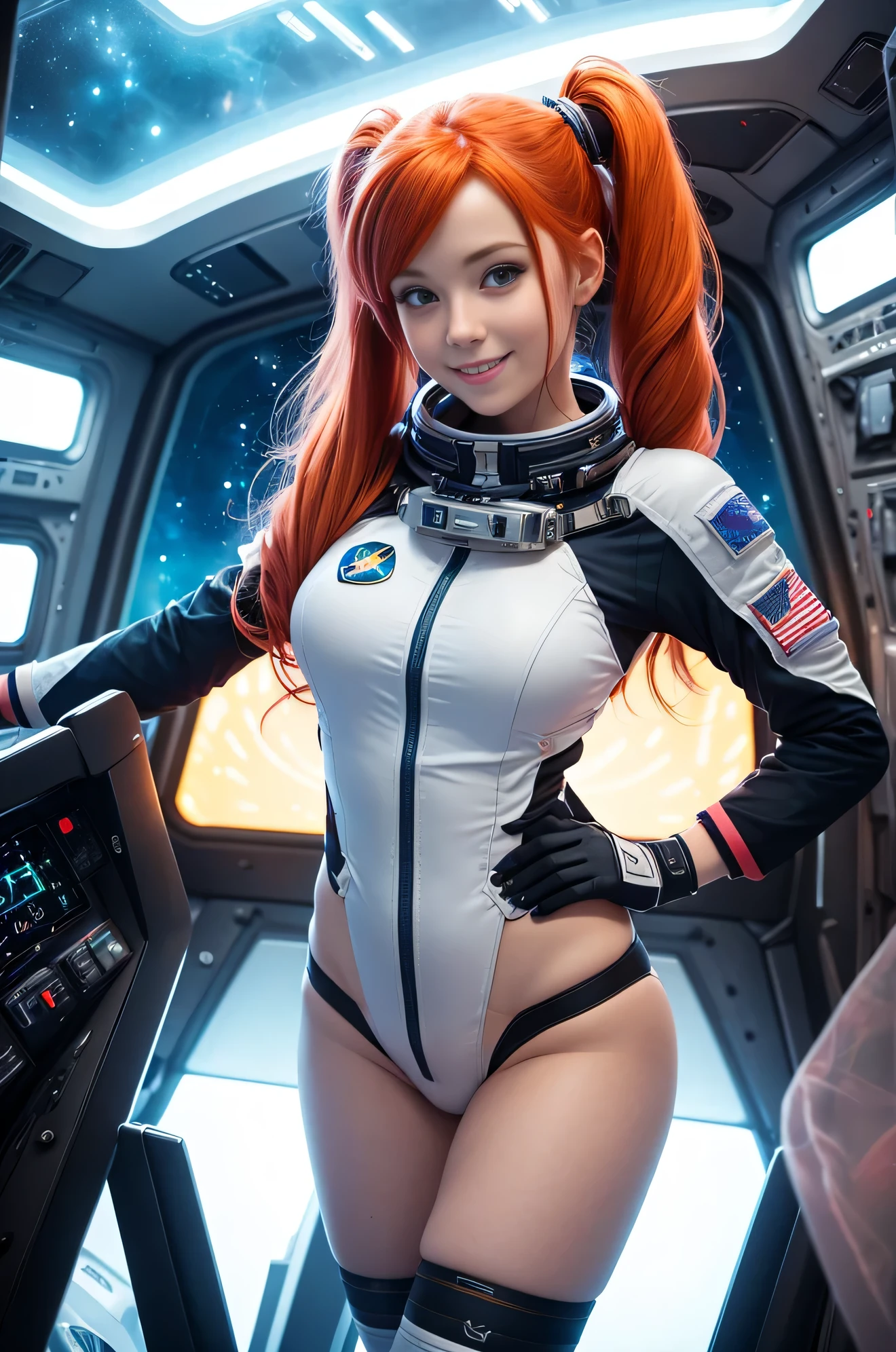(overhead view) Cute redhead with rainbow colored hair tips, ribbons in her hair, 18-year-old woman, happy, smiling, in twin tails, perfect eyes, clear sparkling blue eyes, pale skin, silky smooth skin, very body, thin girl, flying a fancy metal luxurious space ship, futuristic cockpit, she's a pilot from Ireland, outer space seen in windows, dark warm lighting, futuristic astronaut suit, anatomically correct, sexy, bare bottom, very tight fitting outfit, thong back, Best quality, high detailed, Masterpiece, Cinematic Lighting, 4K