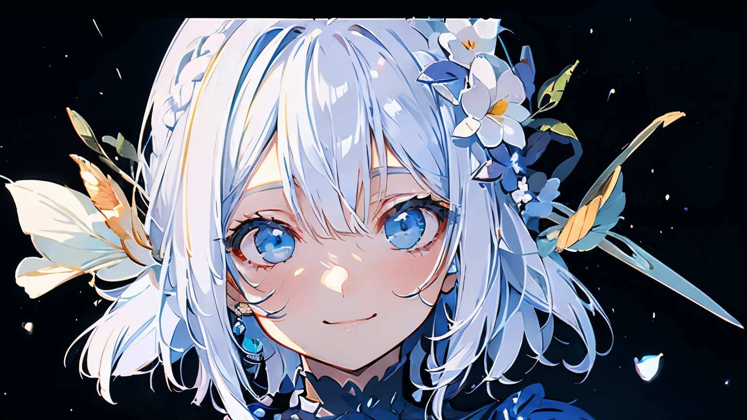 white background,In a fantastically beautiful flower garden,bright sunshine,((master piece:1.4,best quality))+,(hyper detail)+,(highly detailed eyes)+,(highly detailed hair)+,light blue eyes,smiling girl,close up of smile