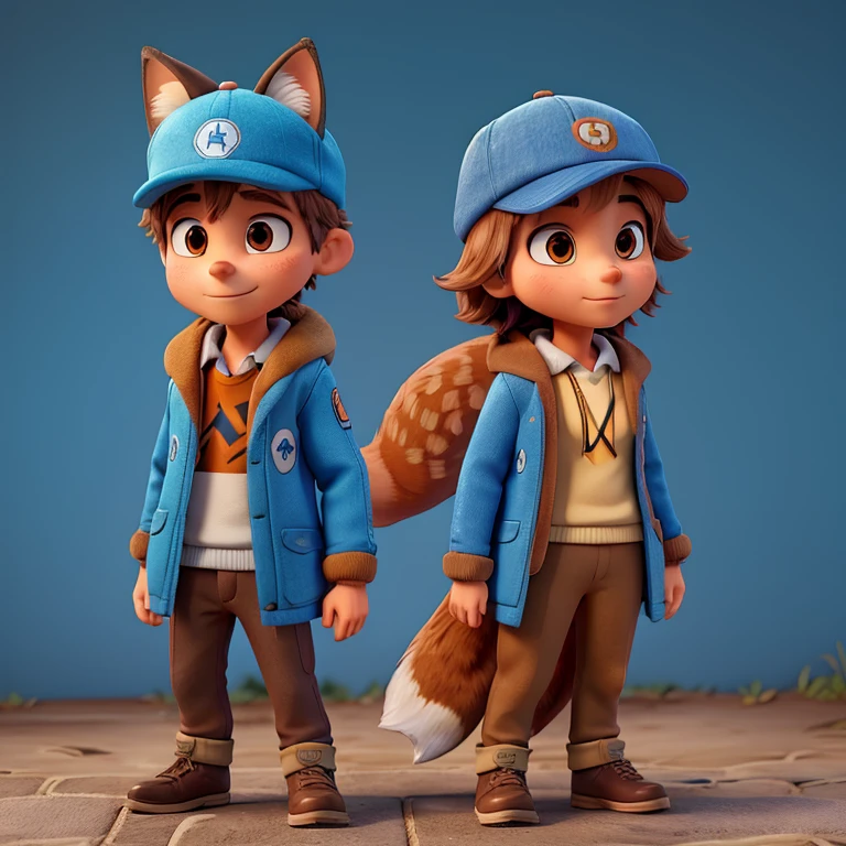 a male and female fox animal wearing a blue jacket and a brown cap. The jacket and cap have the words 'integral dx' on them.