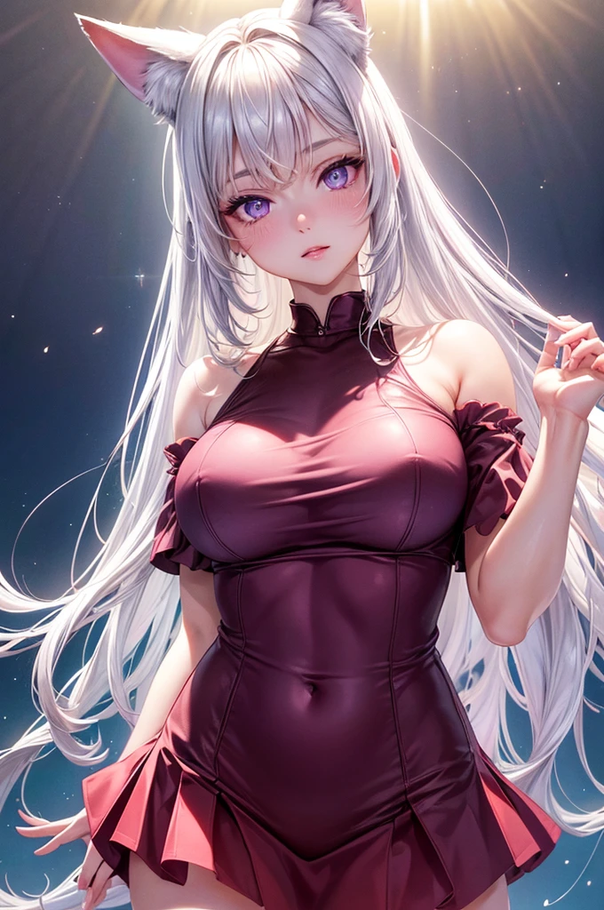 1 girl, Medium breasts, Eyes of the stars, (8k, original photo, High sensitivity, best quality, masterpiece, Ultra high resolution, realism: 1.25), blush, (Very detailed CG unified 8K wallpaper, best quality, high resolution: 1.2), (extremist_detailed, Ultra HD: 1.2), Perfect lighting, Unique, (1 girl: 1.4), (pretty girl: 1.2), Unreal Engine, Side light, white hair, Fox ears, Purple Eyes, Perfect face, Delicate face, Perfect body, beautiful eyes, Pretty Face, (Bright skin: 1.4), Idol, (whole body), Red T-shirt, transparent,