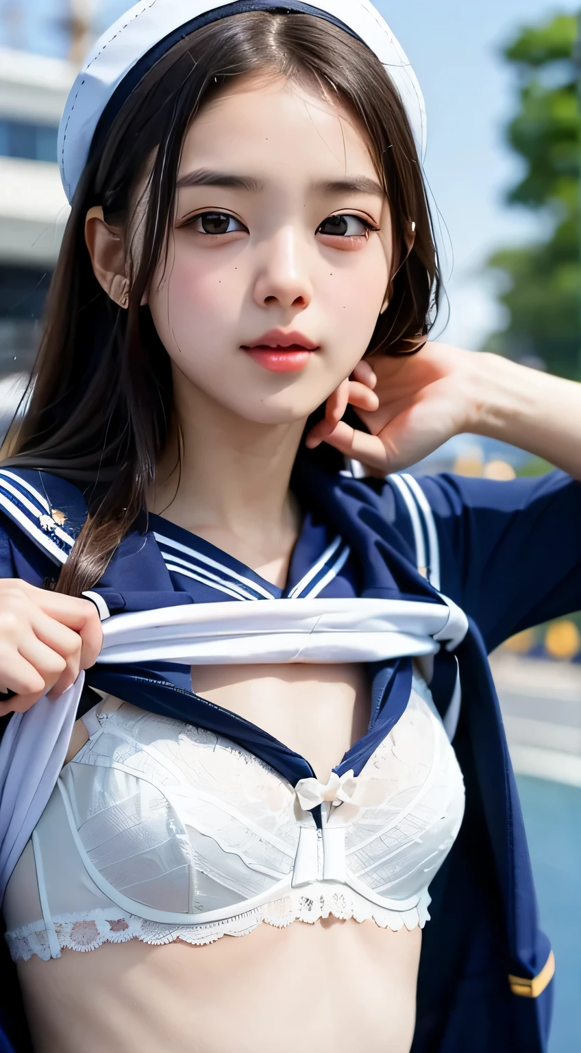 (best quality, 8k, 32k, masterpiece, UHD:1.2), (RAW photo), (realistic), (photorealistic:1.2), (high resolution), huge filesize, ultra-detailed, extremely beautiful face & eyes, 1girl, japanese ,14yo, 13yo, 12yo, round s face,y facein waist, large breasts,portions, thin thighs, (darkblue pleated mini skirt, japanese sailor, sailor fuku, serafuku, japanese school sailor suit), nice hands, perfect hands, accurate hand depiction, sweaty, shy smile, pure white teeth, from below, blue sky, skyscraper, rooftop at dawn, summer,