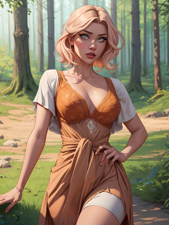 (masterpiece), (best quality), (detailed), light layer, 1solo girl, mature girl in the forest, sexy transparent colonial dress, perfect body, blonde hair, defined chest, defined collarbone, ultra realistic, photorealistic, detailed, perky see-through nipple, wet clothes,  