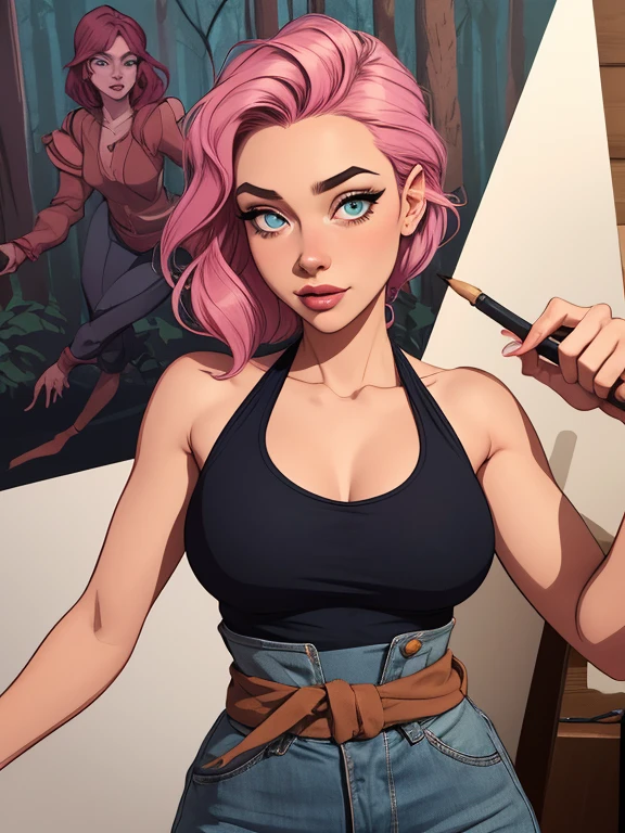 Personagem feminina em Imagem de desenho animado de uma mulher .Ilustra??o estilo desenho animado, estilo de arte dos desenhos animados, estilo de arte dos desenhos animados, digital illustration style, design de personagens altamente detalhado, arte digital detalhada coragem, Forest fan art, Design de personagens de retrato, beautiful digital illustration, retrato de alta qualidade, Arte em quadrinhos, mulher jovem cabelo com transas lindas . Beautiful lined eyes Medium large bust and wonderful sexy clothes. image expression of sexual desire from the waist to the illustration