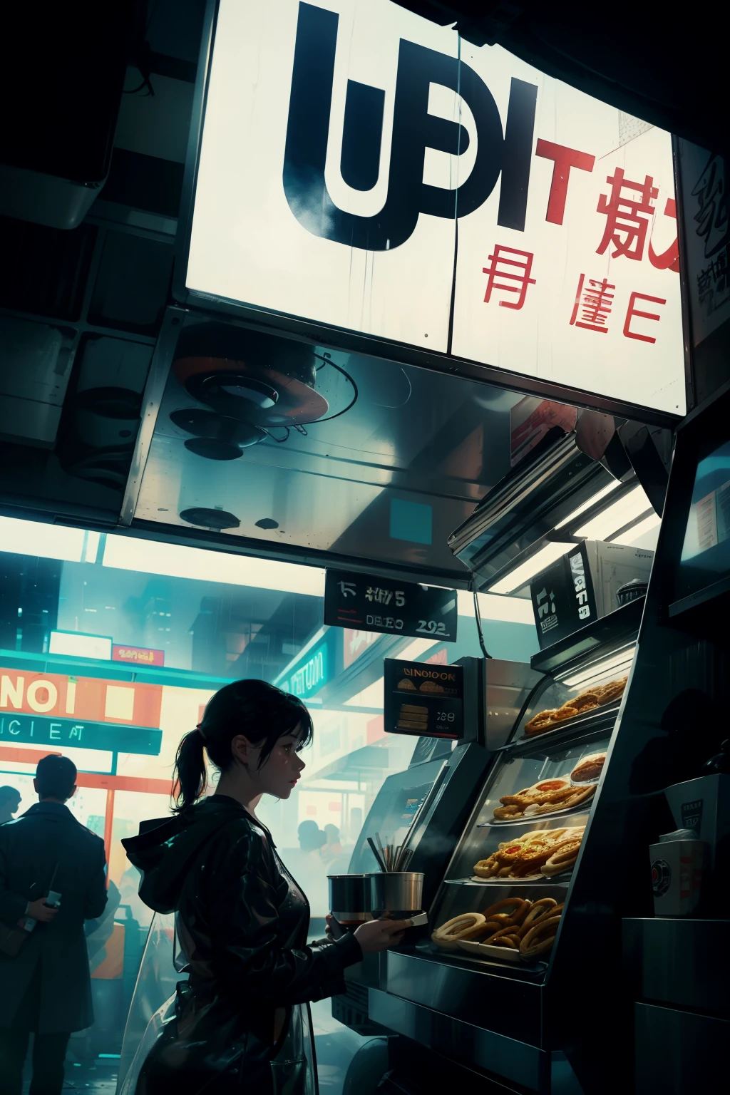 ((highest quality)), ((masterpiece)), (be familiar with), (High definition), (Accurate), (Realistic), (Cinematic), (Best Shadow), (Low contrast), (8K), Perfect Face, ((SYD MEAD style)), manga、mangaデザイン、Storyboard、Frame division、((1. A girl is eating udon))、(Replicant), ((Black Hair, very short hair, Blue Eyes)), (Black hooded raincoat)、((Udonya food stall))、Glittering neon signs、congestion, congestion, Decadent Future City, NEO TOKYO, A.D.2051, (steam:1.2), It's raining white, evening, (Close-up of face)
