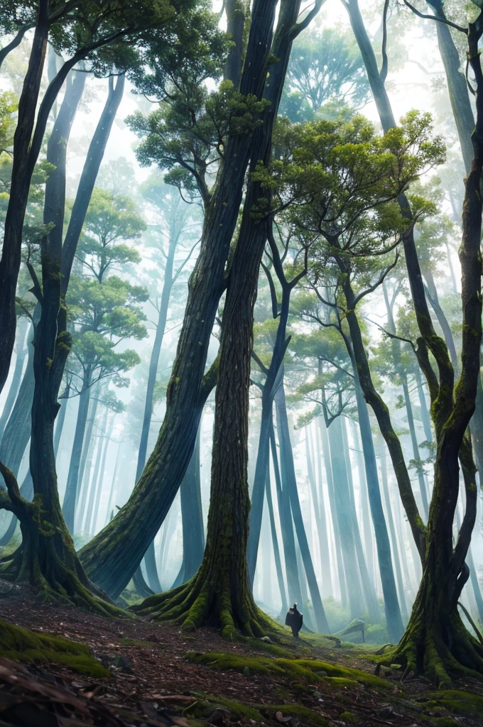 a mysterious forest,There are towering trees,There are magical creatures hiding among the branches, 8k, high quality
