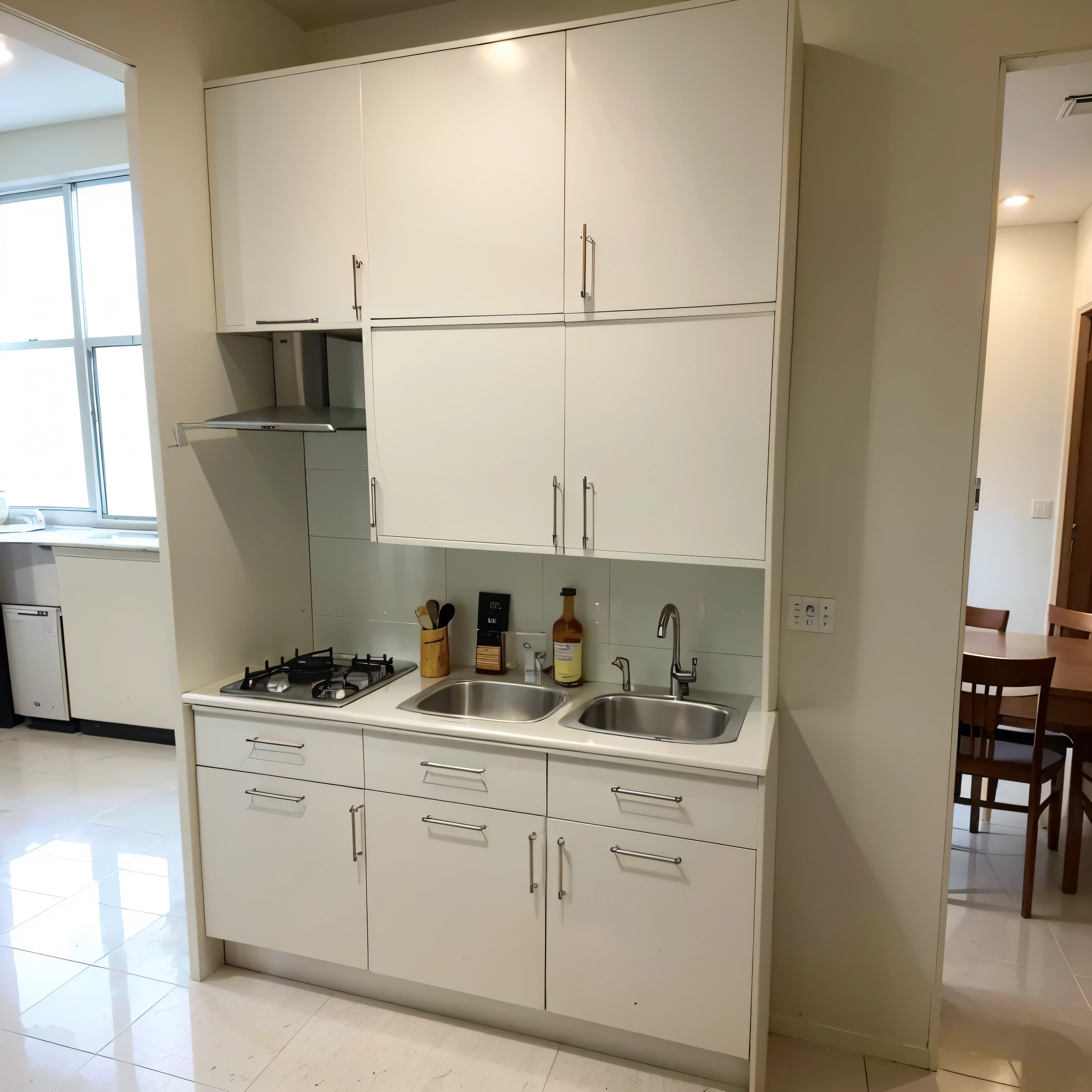Upvc kitchen set, pristine white, arrangement forming the letter L, equipped with two extended cabinets for bottles and utensils. Length: 60 cm, Height: 90 cm, Width: 2 cm.

Detailed description:

The Upvc kitchen setup, gleaming in immaculate white, arranges itself in the distinct shape of the letter L. Two of its pull-out cabinets are purposefully extended from their frame, offering ample space for storing bottles and various utensils. The dimensions of this kitchen unit measure precisely, with a length of 60 cm, a height of 90 cm, and a width of mere 2 cm.