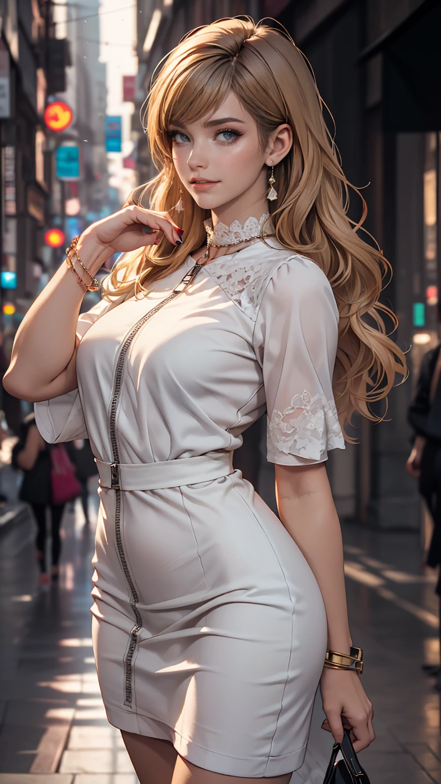 (New York Cityscape)、Highest quality、masterpiece、Ultra-high resolution、reality、Portrait、Elegant mature woman、blue eyes、Long Hair、Side bangs、(Translucent pink dress、mini skirt)、4K resolution、High-quality CG、Feminine pose、Fair、(The wind blows up my skirt),(Lace panties are visible)