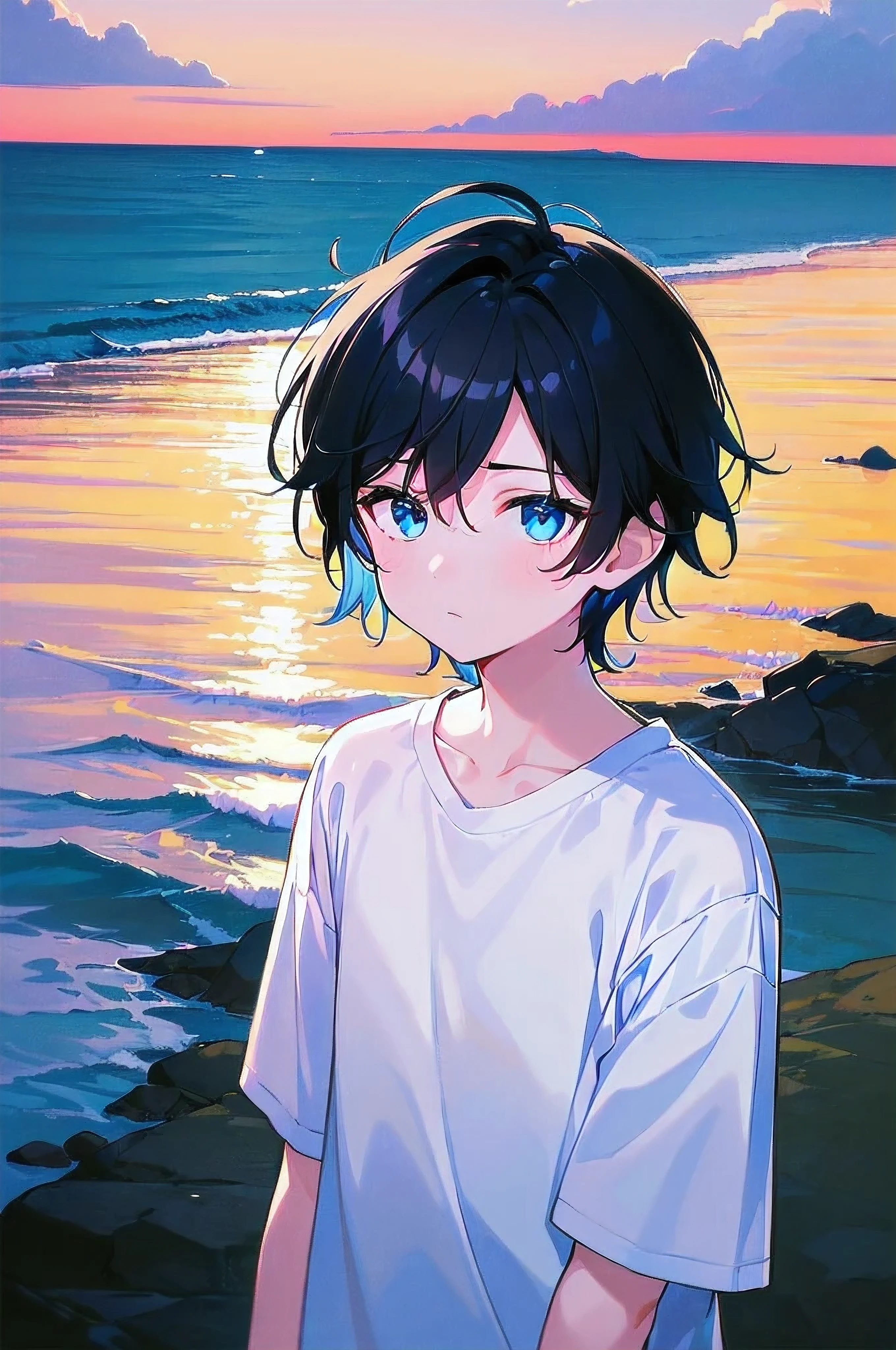 [(SEA BACKGROUND:1.5),::5], ((((masterpiece)))), high quality, very_high_resolution, large_filesize, full color, ((younger boy)), 13 old year, short Black hair, innerColorhair Blue, vivid color, ((Blue eye)), civilian clothes white, animestyle, (SUNSET SKY), upper body