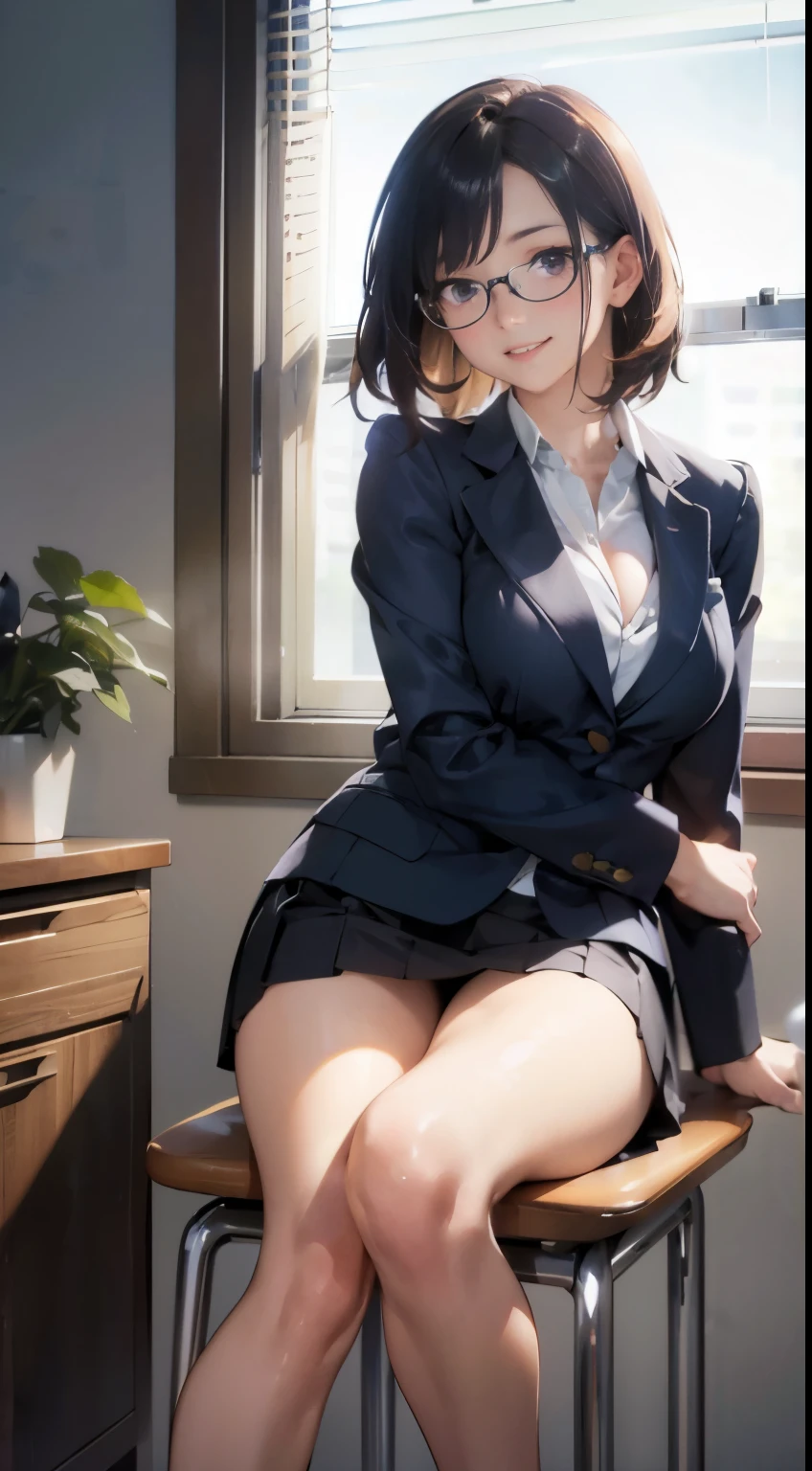 NSFW, (Official art、Best Quality、Unity 8k Wallpapers、32K、masterpiece、ultra-detailliert、super high resolution、realisitic、Photorealsitic:1.2)、(natural soft light:1.2)、Fireglow effect、film grains、Best Shadows、side lights、sideshot、(Ultra-detailed and complex 3D rendering)、Detailed beautiful face and eyes、Sharp pupils、Realistic pupiliddlebreasts、Smile、high-heels、Woman in skirt and shirt sitting on desk, Office Clothes, on desk, Sit on a desk, Sitting on a desk,bent at the knees、Opening legs、open one's legs、pantie shot、 wearing business casual dress, A sexy、business clothes, In the office, wearing a suit and glasses, Fully dressed, business outfit, embarrassed from, A slight smil、Business attire、cleavage of the breast、A sexy、