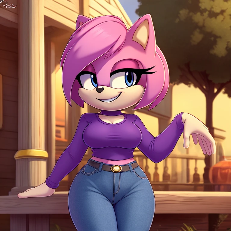 mom tenrec mobian, female mobian, purple shirt, highwasted jeans, mom jeans, royal pink hair, bob cut hair, royal pink fur, (mom body), medium breasts, royal blue eyes, mom, cute smile, outline, Intricate Details, Masterpiece, Best Quality, High Quality, Studio Quality, Best Detail, Perfect Detail, Refine Detail.