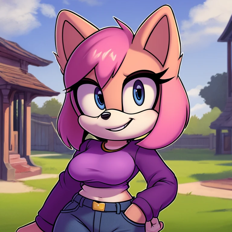 mom tenrec mobian, female mobian, purple shirt, highwasted jeans, mom jeans, royal pink hair, bob cut hair, royal pink fur, (mom body), medium breasts, royal blue eyes, mom, cute smile, outline, Intricate Details, Masterpiece, Best Quality, High Quality, Studio Quality, Best Detail, Perfect Detail, Refine Detail.