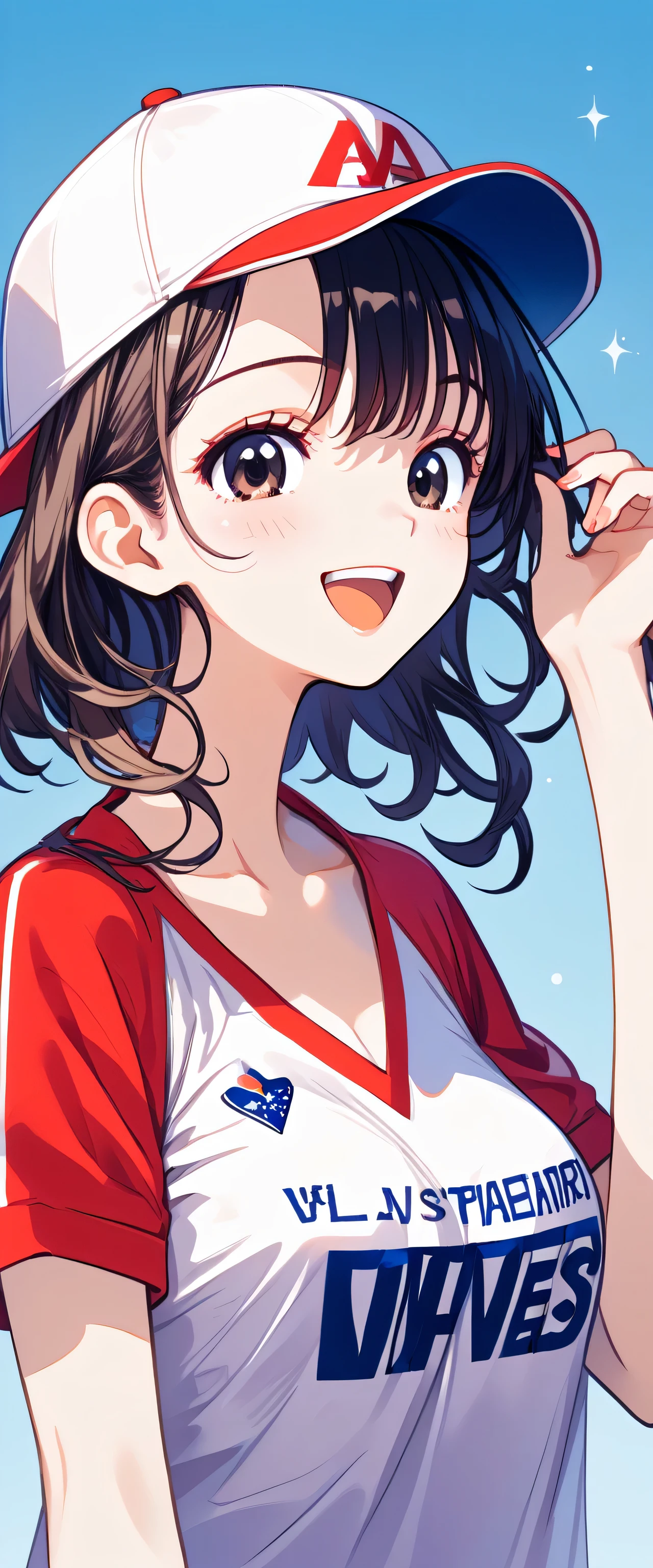 ((highest quality)), ((masterpiece)), (detailed), Perfect face A lively, cheerful and refreshing black-haired girl wearing a Fukuoka SoftBank Hawks baseball cap and baseball shirt