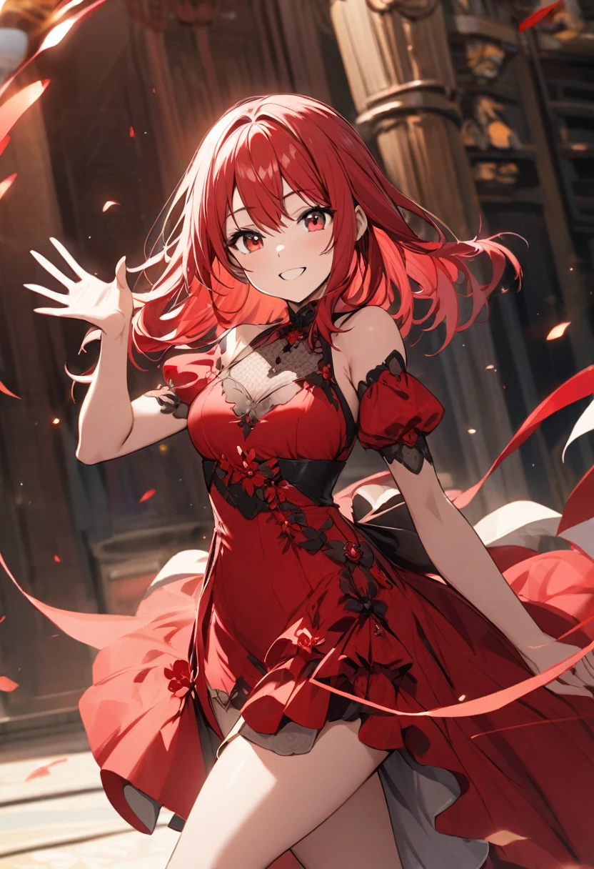 Beautiful girl, long red hair, red eyes, wearing beautiful red clothes, smiling gently and waving her hand
