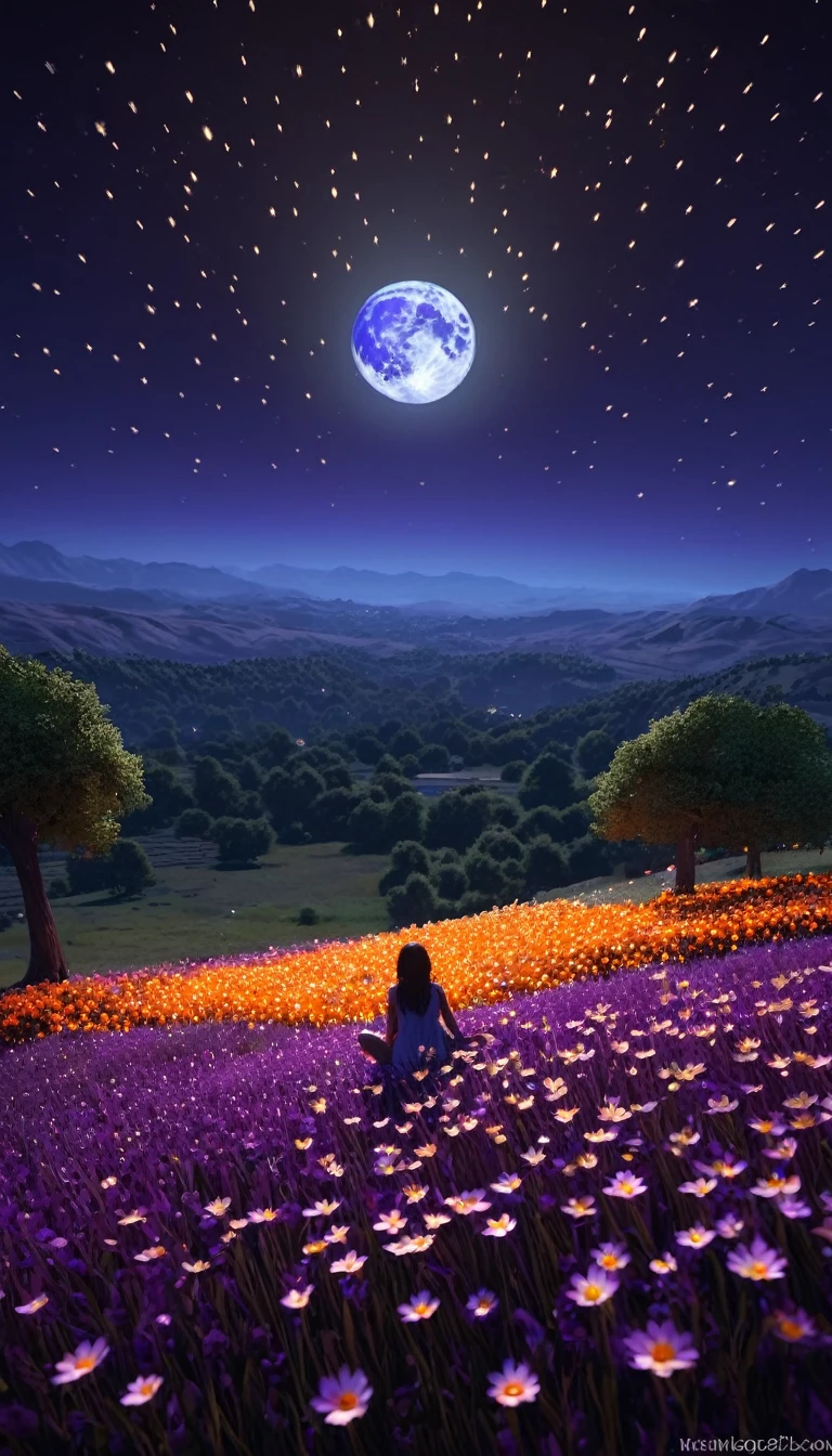 Vast landscape photos，（look from down，Above is the sky，Below are open fields），a girl standing on flower field looking up，（moon full：1.2），（meteors：0.9），（Starcloud：1.3），Far Mountain, Tree BREAK making art，（Warm light source：1.2），（glowworm：1.2），lamp lights，lots of purples and oranges，intricately details，Volumetric lighting BREAK（tmasterpiece：1.2），（best qualtiy），4K，ultra - detailed，（dynamic compositions：1.4），Plenty of detail，plethora of colors，（Irridescent color：1.2），（with light glowing，Atmospheric lighting），dream magical，magical，（solo：1.2 , (video) , boy sitting in a rock 1.2)