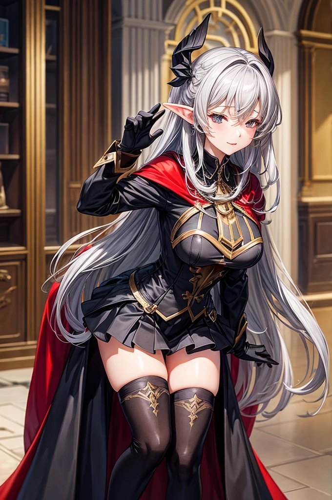 masterpiece, best quality,, GBF, Black gloves, Black over-the-knee stockings, cape, draft, Gray hair, trumpet, Large Breasts, Long hair, Pointed ears, mini skirt, Red Skirt,, indoor, cake, Happy, Close your eyes