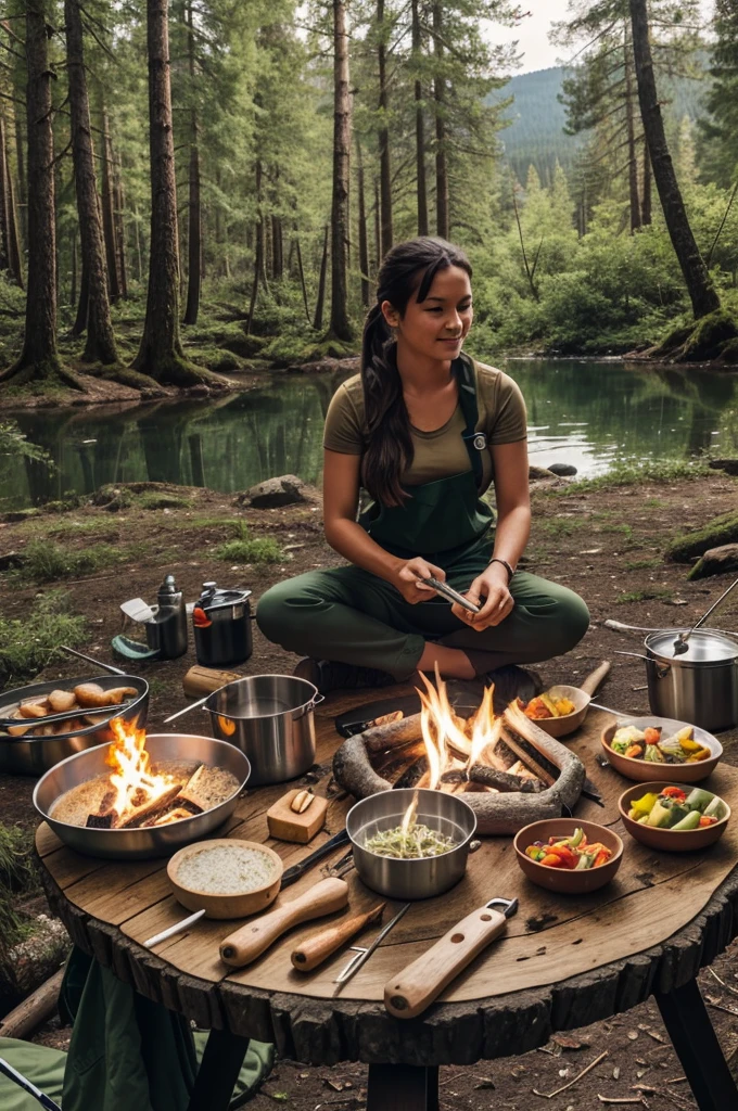 survival Cooking tools camping with survival girl at the table in the forest next to the lake and water fall