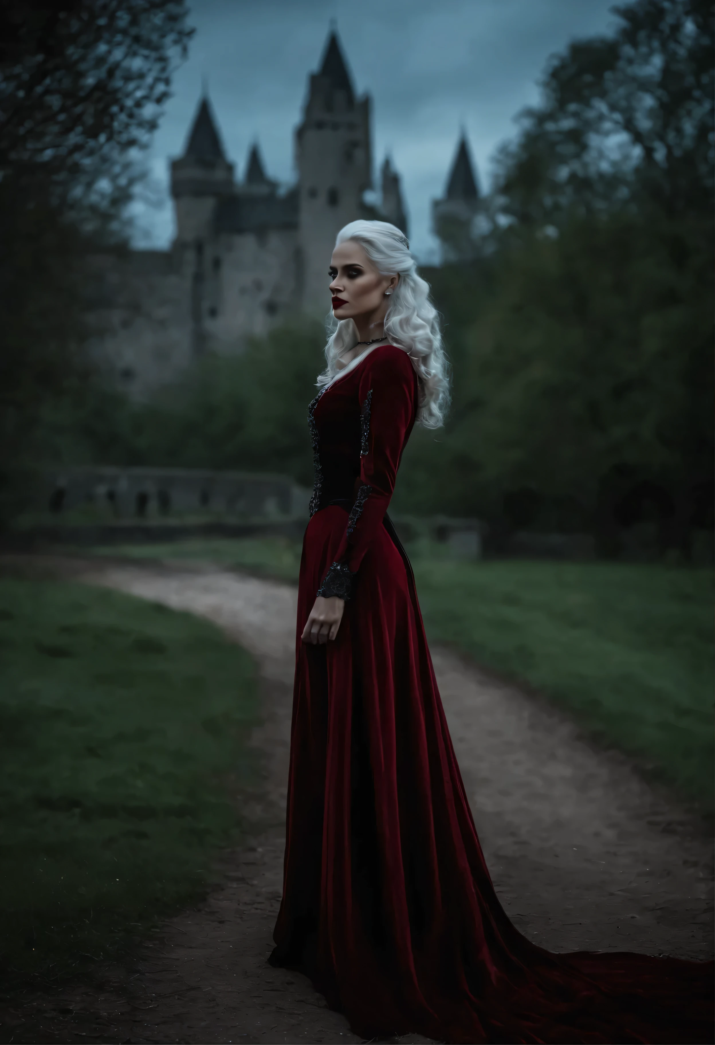 (best quality,4k,8k,highres,masterpiece:1.2),ultra-detailed,moody picture,vampire queen,dark and haunting,gothic style,sharp focus,detailed facial features,(white hair),dark red lips,vibrant red eyes,pale skin,flowing black hair,long fangs,royal attire,haunting castle in the background,dimly lit,moonlight casting shadows,eerie atmosphere,sinister beauty