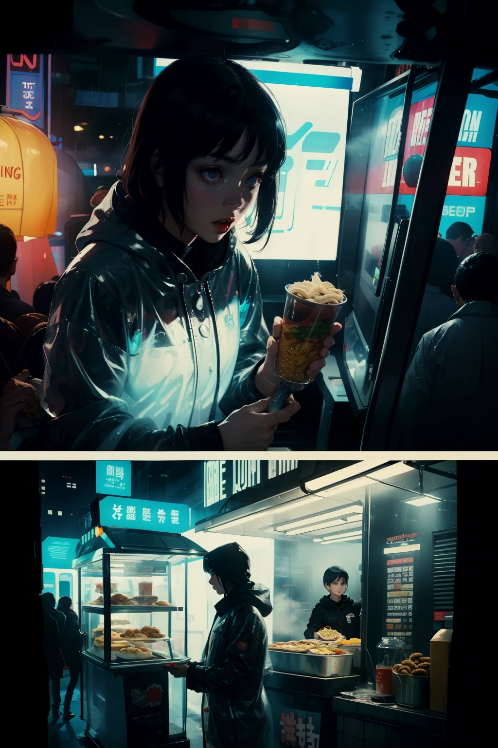 ((highest quality)), ((masterpiece)), (be familiar with), (High definition), (Accurate), (Realistic), (Cinematic), (Best Shadow), (Low contrast), (8K), Perfect Face, ((SYD MEAD style)), manga、mangaデザイン、Storyboard、Frame division、((1. A girl is eating udon))、(Replicant), ((Black Hair, very short hair, Blue Eyes)), (Black hooded raincoat)、((Udonya food stall))、Glittering neon signs、congestion, congestion, Decadent Future City, NEO TOKYO, A.D.2051, (steam:1.2), It's raining white, evening, (Close-up of face)
