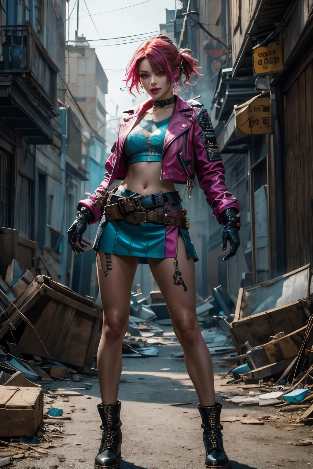 Vibrant, elegance, side-cropped punk hairstyle, looking at the viewer, dynamic pose, blow, ammunition belt, gloves, long shot: 1.6, Unreal Engine: 1.4, dreamy bubble shadows, ultra-realistic CG K, photorealistic :1.4, Skin Texture: 1.4, Artwork Full Body of One Young Woman: 1.5, Red Hair, Green Eyes, Full Lips, Oborozukiyo, Sensual Smile: 1.5, Graceful, Very Detailed: 1.4, More detailed, optical mix, playful patterns, animated textures, unique visual effects, pink leather miniskirt, haze, pink jacket, masterpiece, gloss, abandoned place background with junk, color, cyan, Gyūun Ryūs, Green, Pink, Brown: 1.2, 8K Realistic Digital Art, 32K, Masterpiece, Ultra High Definition,