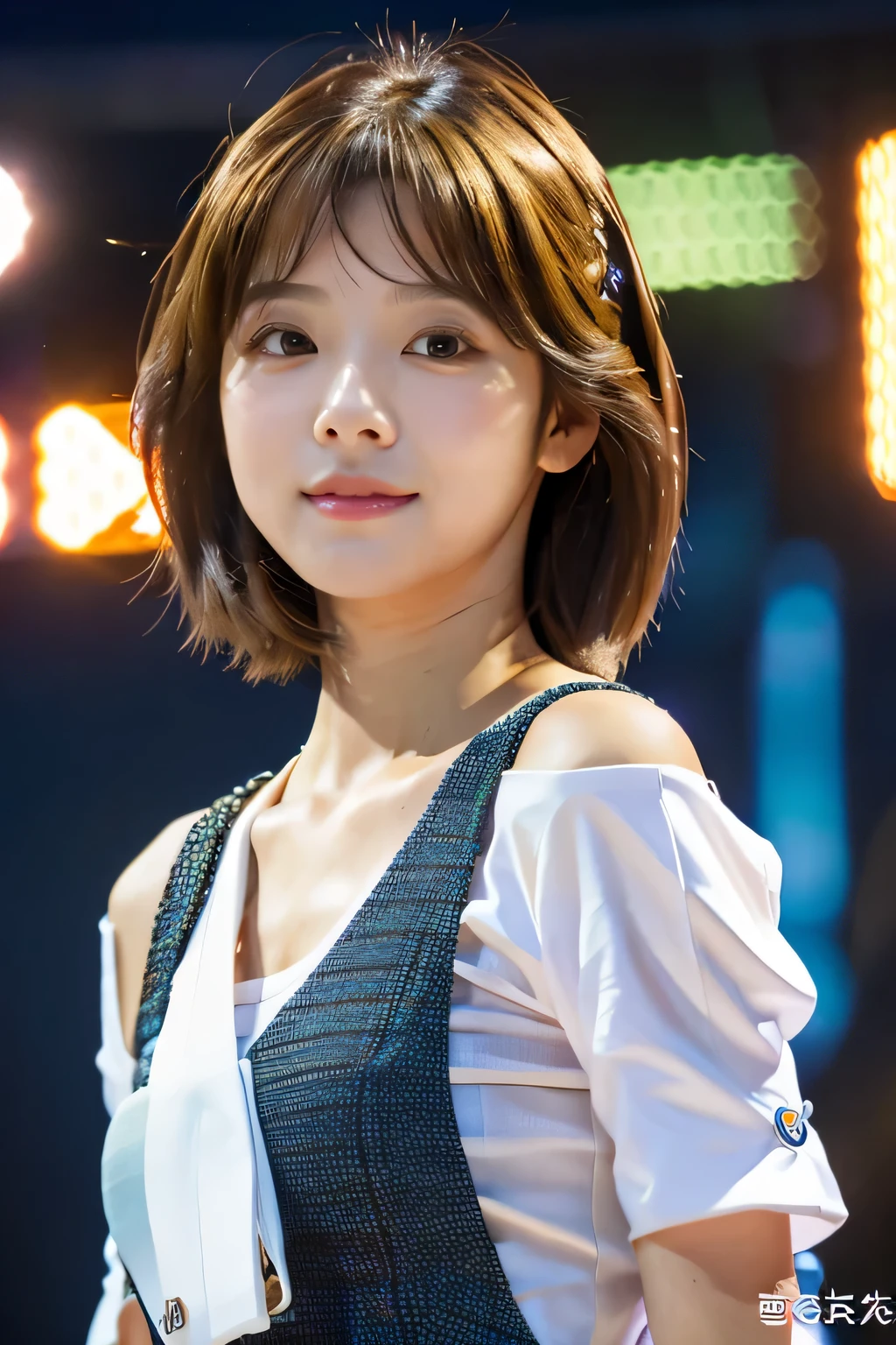 highest quality, Photorealistic, Very detailed, finely, High resolution, 8K Wallpaper, Professional, High level of detail, (Idols standing on stage at a concert venue:1.5)、((18 year old idol girl:1.5)), ((Under the spotlight of the stage:1.2))、Slender Japanese women,cute lips, (Long eyelashes:1.2)、Detailed clavicle, Mid-chest、Perfect Face, (Cute short bob hair:1.5), Chestnut Hair、Cute face、perfect body style、(Long shot showing from head to toe:1.5)、