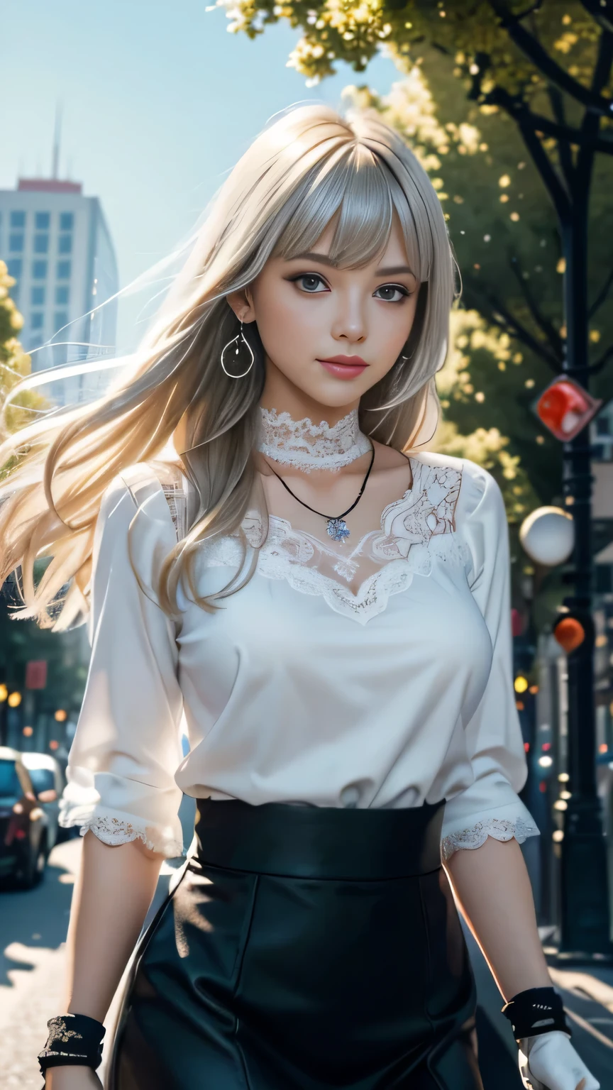 low angle,from below,((masterpiece, highest resolution,best quality)), (beautiful illustration), ((1girl,cute,young,semi long beautiful siver blonde hair,blunt bangs,beautiful eyes)),(solo),(beautiful elegant office blouse and black skirt),(looking at the viewer), (walking around the flower park),
innocent smile, white over-kneehighs,Lace chalker, wristband, fingerless gloves, over-kneehighs,
Lace chalker, diamond necklace,wristband, fingerless gloves, earrings, cinematic lighting, flower park,big city,busy street,day,blue sky,flowers and trees,crowded,