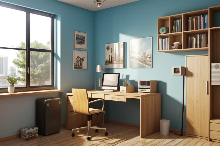 Generate an image depicting a young man&#39;s bedroom。His room is simple yet has some unique elements.、It reflects his hobbies and lifestyle.。There are study desks in the room.、There are books and notebooks lined up neatly.。There is a computer and a laptop on the desk.、It is used as his place of study and work.。There is a large window in one corner of the room.、Bright natural light pours into the room。From the window you can see the scenery outside and the hustle and bustle of the city.、It gives the room a sense of openness。The walls are decorated with posters and paintings.、Shows his hobbies and interests。The color palette of the room is unified in calm tones.、There is a cozy atmosphere。The generated image is、A realistic and attractive depiction of the living space of a young man.、Make sure it&#39;s visually interesting。